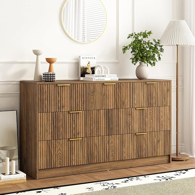 7 Drawers Dresser for Bedroom，55" Wide Fluted Dresser with Deep Drawers, Modern Chest of Drawers, Mid Century Wood TV Stand Storage Organizer for Closet, Living Room, Hallway, Natural