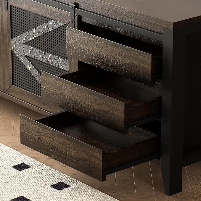 VFK 70 Inch TV Stand for TVs up to 70", Rustic Farmhouse Media Console with Sliding Barn Doors, 6 Drawers, Entertainment Center for Living Room