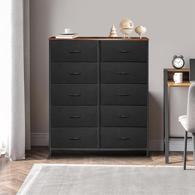 Dresser for Bedroom with 10 Drawers, Chest of Drawers, Storage Drawers Organizer Unit, Black Wide Fabric Dresser with Fabric Bins for Closet, Living Room, Entryway (Black and Rustic Brown)