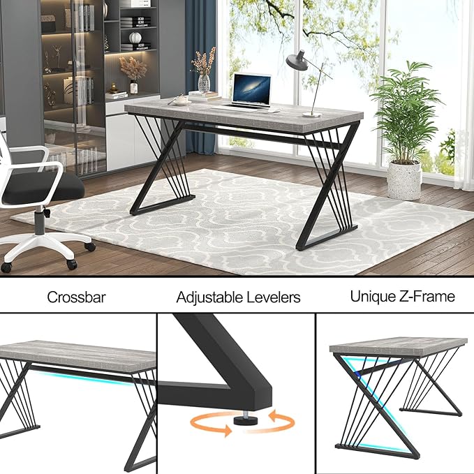 FOLUBAN Modern Desk, Rustic Wood and Metal Computer Desk for Home Office, Simple Study Writing Gaming Table for Bedroom Living Room, Light Grey, 53 Inch