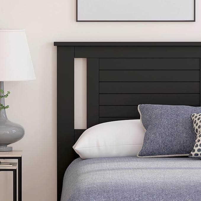 Serene Poplar Wood Full Headboard, Modern Farmhouse Panel with Horizontal Scoring, Full Size Headboard in Black, Casual Coastal Style, Easy Assembly, Quality Materials