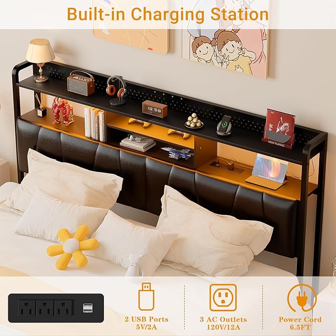 Unikito Headboard for King Size Bed Frame, Upholstered Head Board with Outlets, USB Ports and LED Light, Comfortable Leather Headboards with Storage Shelf, Sturdy King Bed Headboard Only, Black