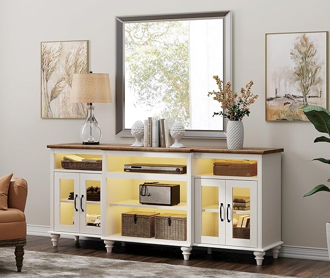 WAMPAT Farmhouse TV Stand with Yellow LED Light, 4-Door Glass Wood Entertainment Center with 9 Storage Cabinets, Media Console Table for Living Room Bedroom，70'', Antique White