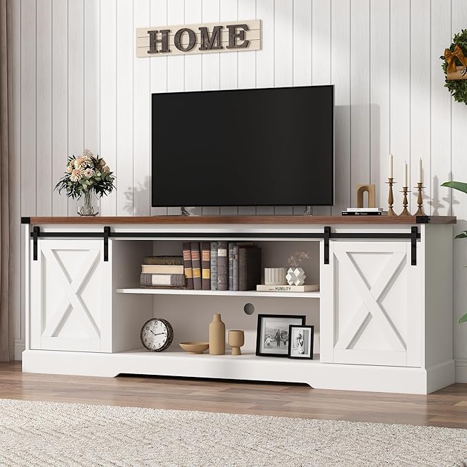 Farmhouse TV Stand for 70/75/80 Inch TV, 70 inch Entertainment Center Storage Cabinets with Sliding Barn Doors, Media Console Cabinet for Living Room, White