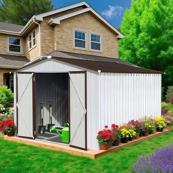 10 x 8 FT Outdoor Storage Metal Shed, Bike Garden Tool Shed with Slooping Roof, Lockable Doors and Aluminum Frames, Shed Easy to Assemble for Garden, Patio, Lawn, White