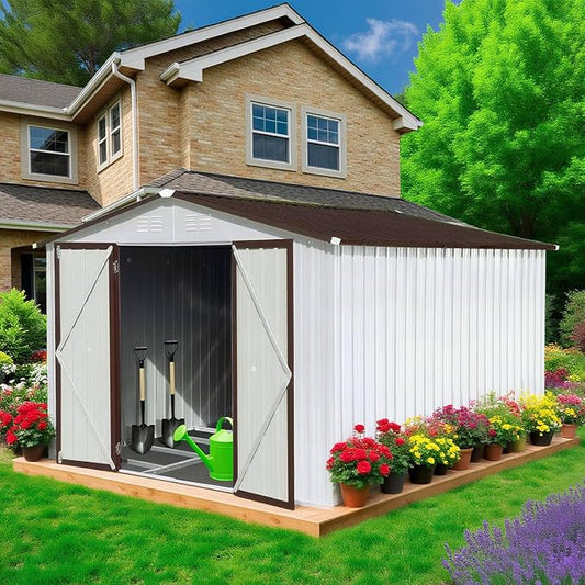 10 x 8 FT Outdoor Storage Metal Shed, Bike Garden Tool Shed with Slooping Roof, Lockable Doors and Aluminum Frames, Shed Easy to Assemble for Garden, Patio, Lawn, White