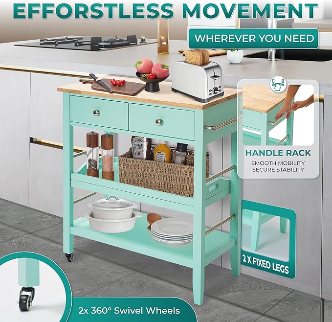 Rolling Kitchen Island Cart, Teal Kitchen Cart with Rubberwood Top, Ample Storage Drawers, Adjustable Shelves, Utility Cart with Wheels for Small Kitchens, 35” Height