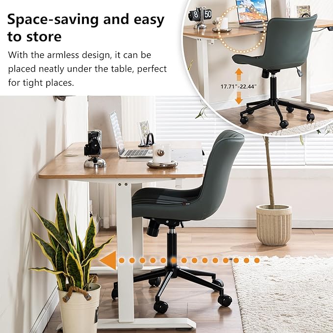 YOUNIKE Home Office Desk Chair with Wheels Armless Compact Comfy Vanity Chair with Adjustable Back Modern Small Leather Upholstered Rolling Swivel Cute Computer Task Chair No Arms Greyish Green