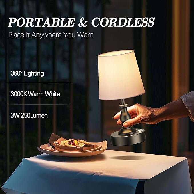 PARTPHONER Mini Cordless LED Table Lamp, 5200mAh Rechargeable Battery Operated Lamp, 3-Level Brightness, Touch Dimmable Desk Lamp, Bedside Night Light for Patio Camping Restaurant Home, Matte Black