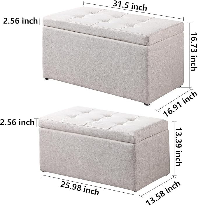 Storage Ottoman Bench with 2.56-inch Thick Seat, 31.5 inch Nesting Ottoman Set of 2, Hinged Flip Top Bench with Storage for Living Room, Bedroom, Beige