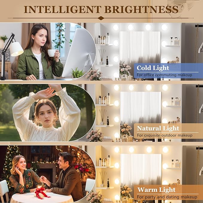 Furmax Make up Vanity Desk with Mirror and Power Outlet, Vanity with 3 Color Light Options Adjustable Brightness,Vanity Desk with 2 Drawers, 6 Storage Shelves (White, No Bench)