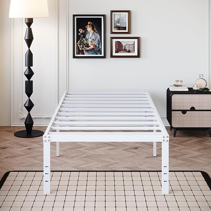 18 Inch Twin Bed Frame Heavy Duty No Box Spring Needed Metal Platform with Maximum Storage, Easy Assembly, Noise Free, White
