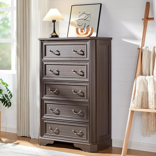 Farmhouse 48" Tall 5 Drawers Dresser for Bedroom, Wood Rustic Chest of Drawers with Corner Bevel Shape, Closet Storage Dressers Organizer for Bedroom, Living Room, Hallway, Dark Brown