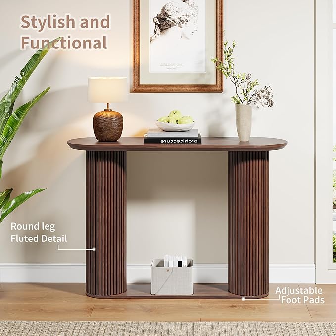 Fluted Console Table, Farmhouse Oval Curved Entryway Table with Storage and Fluted Wood Legs, Narrow Small Long Entry Sofa Table for Entrance, Hallway, Living Room (Walnut)