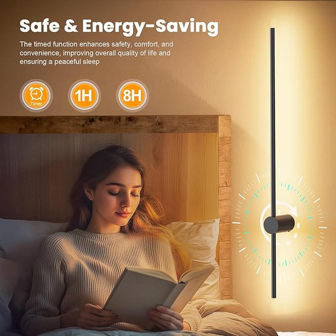 NIORSUN 35.4 Inch Battery Operated Wall Sconce Set of 2,Black Minimalist Rechargeable LED Wall Lights with Remote, 10 Colors Dimmable Wireless Wall Sconce for Living Room Bedroom Hallway