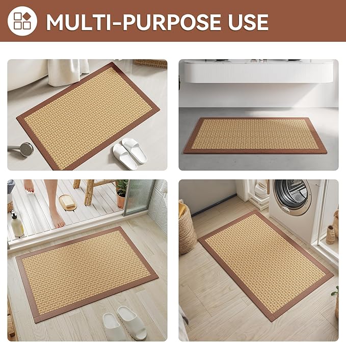 Bath Mat Bathroom Rugs Non Slip Washable, Soft Jute-Like Ultra Thin Bath Mats, Rubber Backing Super Absorbent Quick Dry Thin Bath Rug Shower Mat Fit Under Door Bathroom Tub Floor, Brown 20"x32"