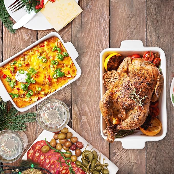 Ceramic Baking Dish Set (2-Piece) - 4.4QT & 1.8QT Rectangular Casserole Pans for Lasagna, Turkey, Cake - White Oven Safe Roaster Pans 13x9.5 & 12x7 Inch Dishwasher Safe