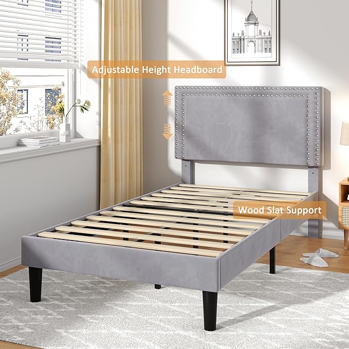 VECELO Twin Size Platform Bed Frame with Adjustable Upholstered Headboard, Strong Wood Slat Support, No Box Spring Needed, Easy Assembly