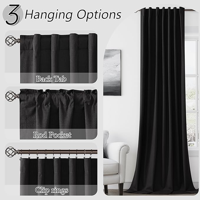 Guken Black Linen Blackout Curtains 72 Inch Length 2 Panels Set for Living Room Bedroom Back Tab Thermal Insulated 100% Black Out Linen Drapes Room Darkening Window Curtains 72 Inches Long