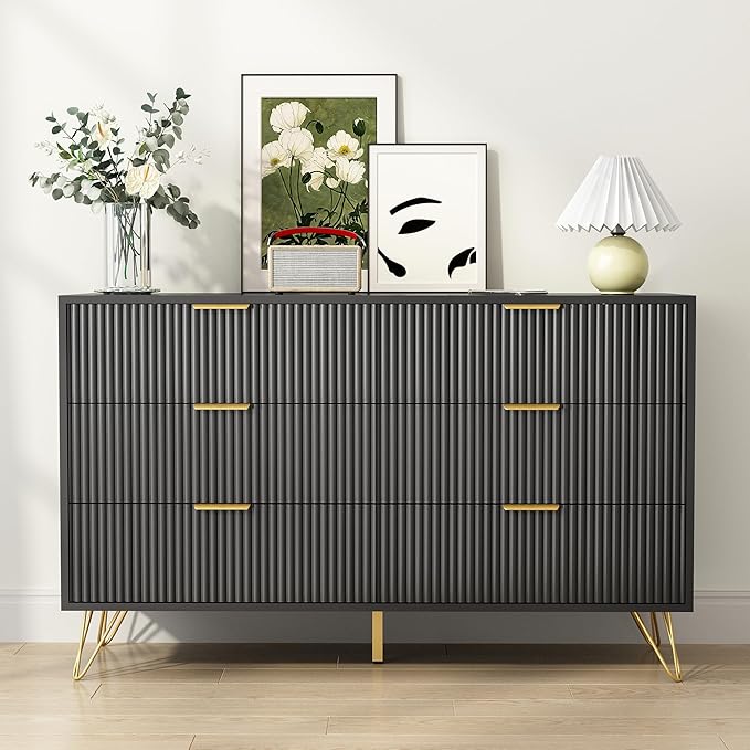 Black Dresser for Bedroom, 6 Drawers Wood Dresser with Golden Handle, Modern Wood Chest for Living Room, Hallway, Entryway