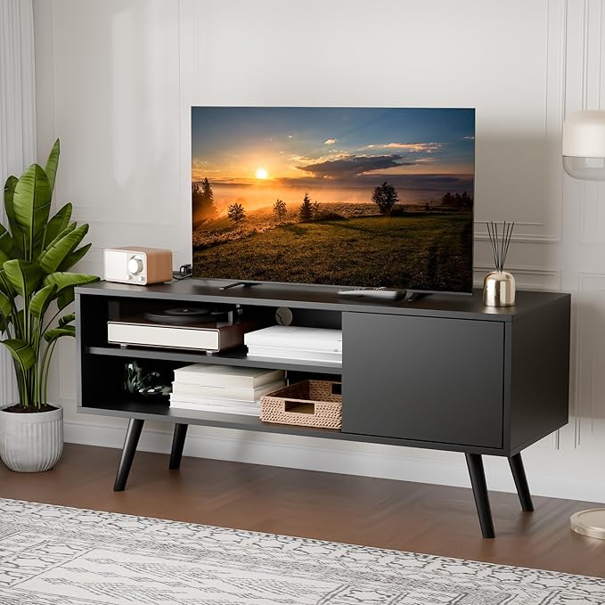 Cozy Castle TV Stand for 48 Inch TV, Mid Century Modern Entertainment Center with Storage Cabinet, TV Media Console for Living Room, Bedroom, Black
