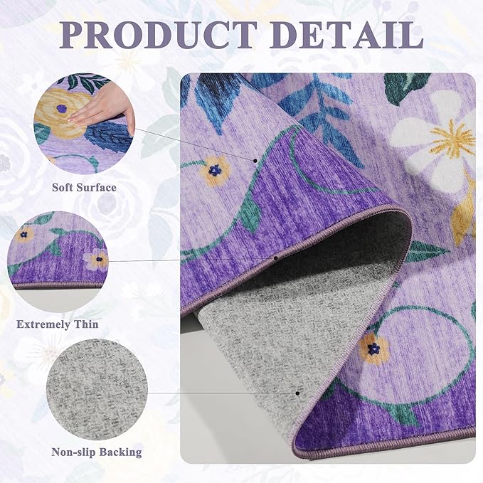 DUKINO Runner Rug, 2.6x8 Kitchen Rug for Hallway with Non Slip Backing, Washable Low Pile Soft Boho Floral Runner Carpet for Hallway, Kitchen, Entryway, Laundry, Bedroom, Purple