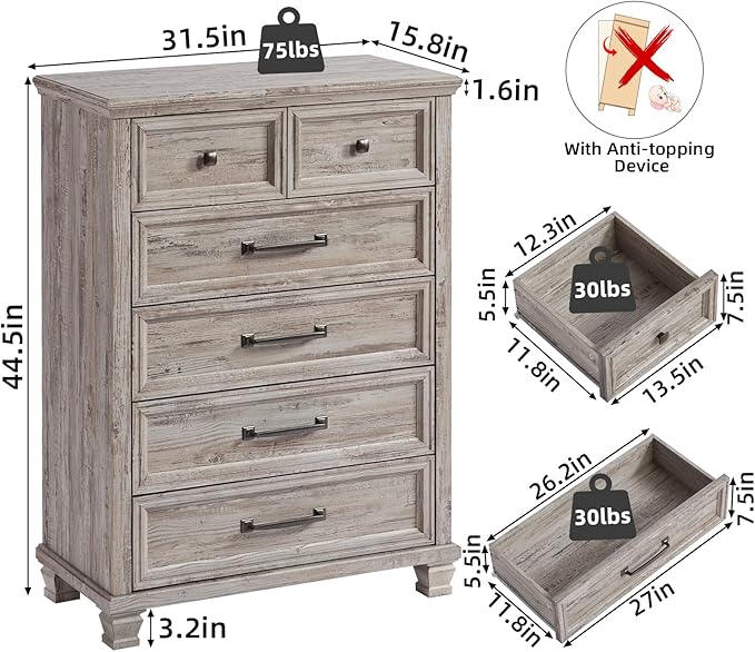 Farmhouse 6 Drawer Dresser for Bedroom, 45 Inch Tall Vintage Wood Chest of Drawers, Rustic Dressers w/Square Wooden Legs, Mid-Century Storage Organizer for Living Room, Hallway, Grey