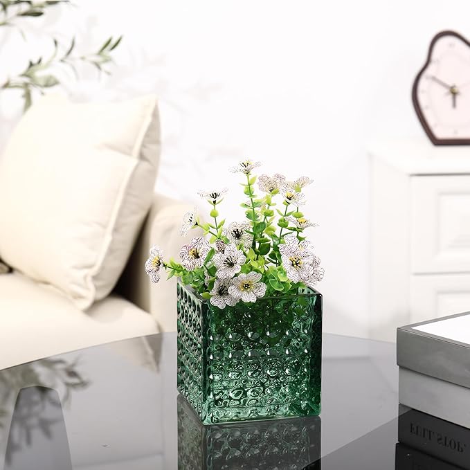 Square Vases Set of 6, 4" x 4" x 4" Square Glass Vases for Flowers, Green Flower Vase for Centerpieces, Small Bubble Vase for Wedding, Party, Home, Office, Parties, Events