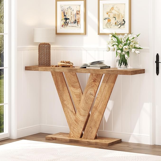 karlott 51 Inch Console Table, Farmhouse Entryway Table with V-Shaped, Wood Sofa Table Behind Couch Table, Narrow Entryway Accent Table for Living Room, Hallway, Entrance, Foyer, Brown