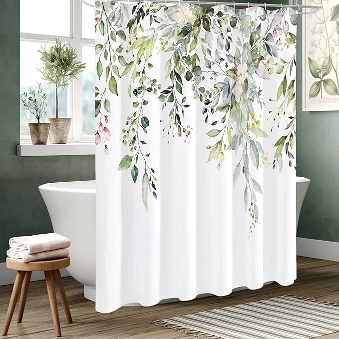 Gibelle Sage Green Eucalyptus Shower Curtain, Watercolor Plant Leaves with Floral Bathroom Decor Waterproof Fabric Shower Curtain Set with Hooks 72x72 Inch White