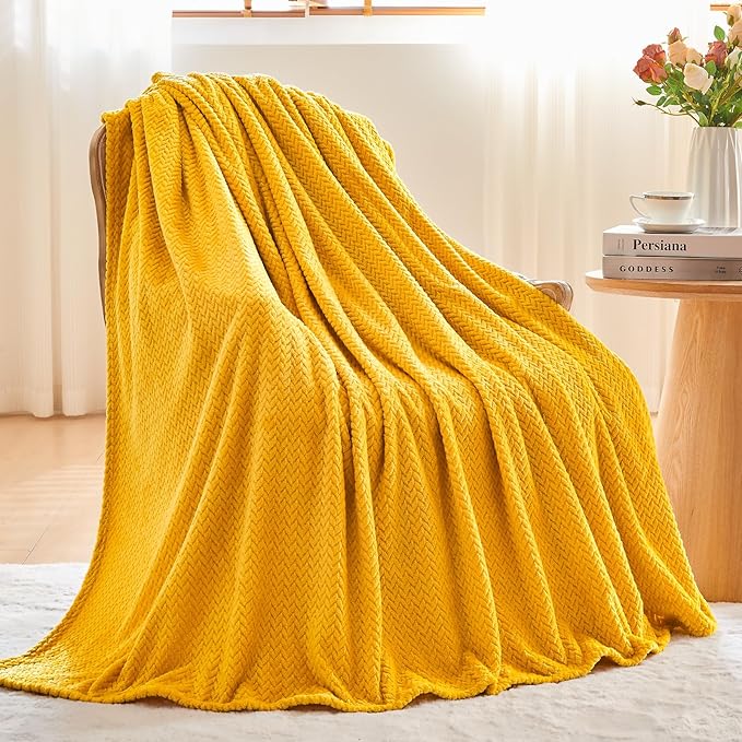 NEWCOSPLAY Super Soft Throw Blanket Mustard Yellow Premium Silky Flannel Fleece Leaves Pattern Lightweight Bed Blanket All Season Use (Mustard Yellow, Throw(50"x60"))