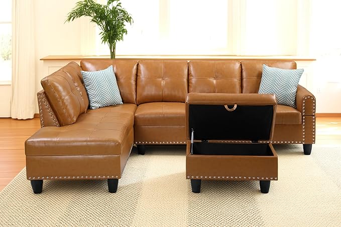 98 Inch L Shaped Sectional Sofa with Chaise Lounge, Storage Ottoman and 2 Pillows, 4-Seaters Faux Leather Upholstered Tufted Couch w/Cupholder & Nailhead Trim for Living Room, Office, Ginger