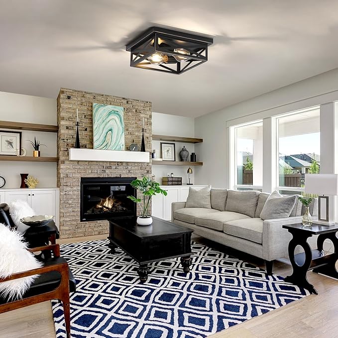 2Pack Flush Mount Ceiling Light Fixture,Black Farmhouse Kitchen Lighting Fixtures Ceiling Rustic Light Fixtures for Dining Room, Kitchen, Porch, Hallway, Entryway(Black & Gold Border)