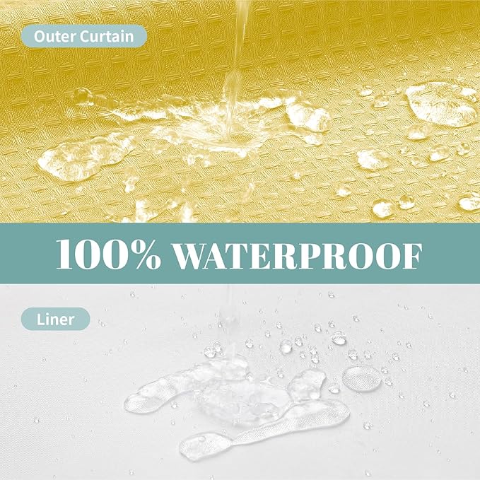 Yellow No Hook Waffle Weave Shower Curtain with snap-in Liner Replacement, 230GSM Waterproof Fabric Hotel Shower Curtain Set for Bathroom, Through Mesh Top Window,71Wx86H