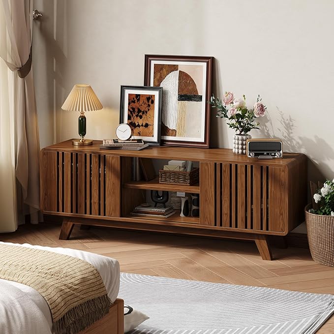 63-Inch TV Stand for TVs up to 75 Inch, Mid-Century Modern Television Stand with Power Outlet， Entertainment Center with Sliding Grille Door Cabinets and Open Shelves for Living Room, Walnut