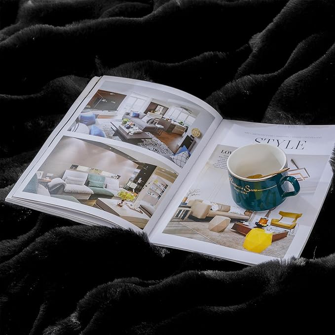 Fluffy Furry Black Faux Fur Throw Blanket for Couch Bed 50x60 Fuzzy Bubble Soft Blanket for Adults Gift Home Living Room Decorative Decor 860 GSM