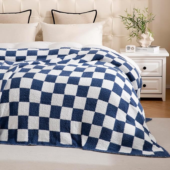 YIRUIO Throw Blanket Checkered Chessboard Fluffy Fuzzy Warmer Comfort Reversible Super Soft Cozy for Home Decor Bed Couch Sofa Living Room (Bluey, 60''x80'')