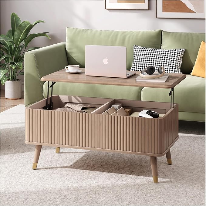 Lift Top Coffee Table, Mid Century Modern Coffee Table with Hidden Storage Compartment, 38" Fluted Center Table for Living Room, Home Office, Natural Oak