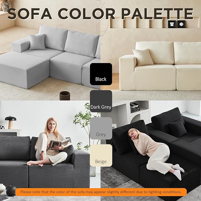 INGEROOM 108" Cloud Sectional Couch, Modular Sectional Sofa with L-Shaped Chaise, Modern Plush Corduroy Couch for Living Room Bedroom（Black）