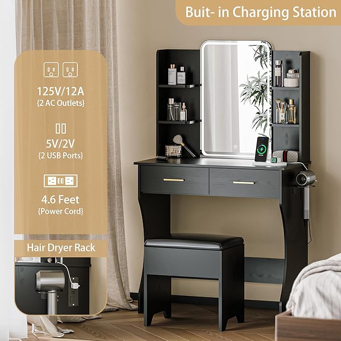 Makeup Vanity Desk with Mirror and Lights, Black Vanity with Power Outlet and LED Lights, Vanity Table with 2 Drawers and 6 Storage Shelves, Vanity Set with Chair for Bedroom