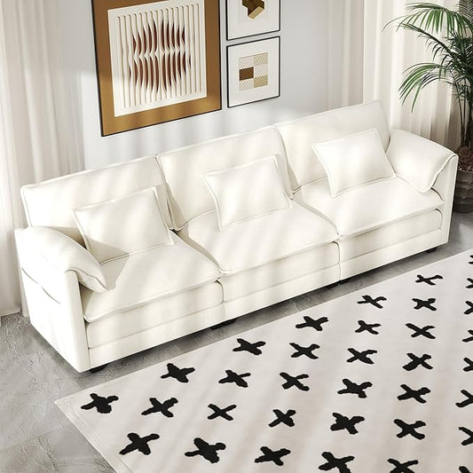 Real Relax 111'' Modular Sectional Sofa, 3 Seat Chenille Convertible Couch with 6 Pillows and 2 Armrest Pillows for Living Room, Office and Leisure Places, Beige