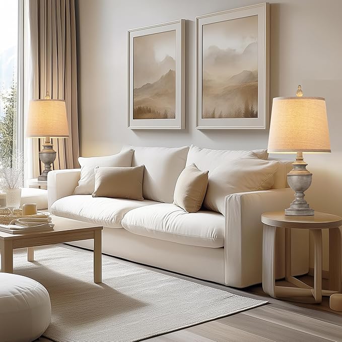 PARTPHONER Retro Table Lamps Set of 2, Bedside Lamp for Bedroom Rustic Farmhouse Table Lamps for Living Room, 22" Vintage Nightstand Lamps with White Shades, Antique Grey