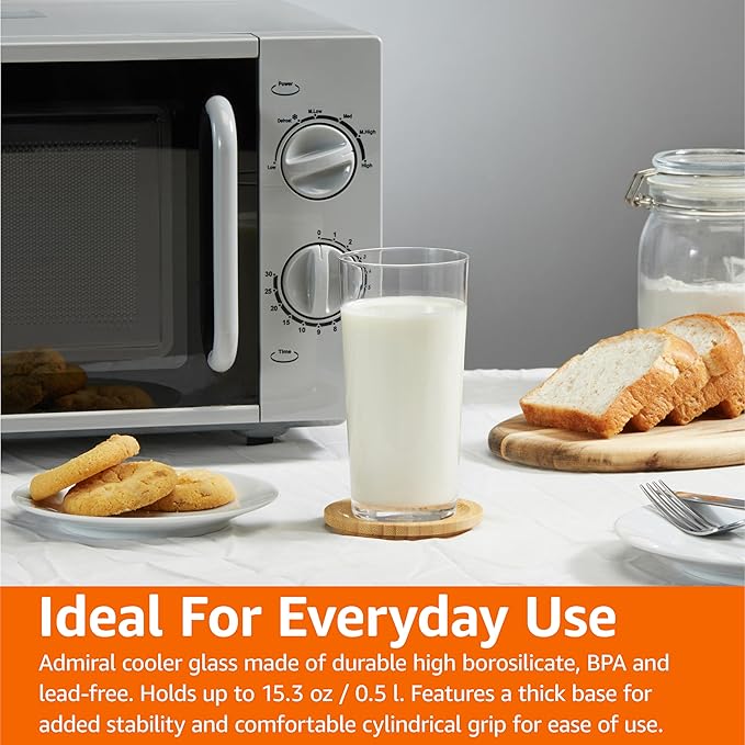 Amazon Basics Admiral Cooler Borosilicate Glass Cup, 14.7 oz, Microwave-Safe, Commercial-grade, 24-Pack, Transparent