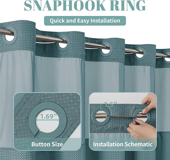 SeawedGreen No Hook Waffle Weave Shower Curtain with snap-in Liner Replacement, 230GSM Waterproof Fabric Hotel Shower Curtain Set for Bathroom, Through Mesh Top Window,71Wx77H