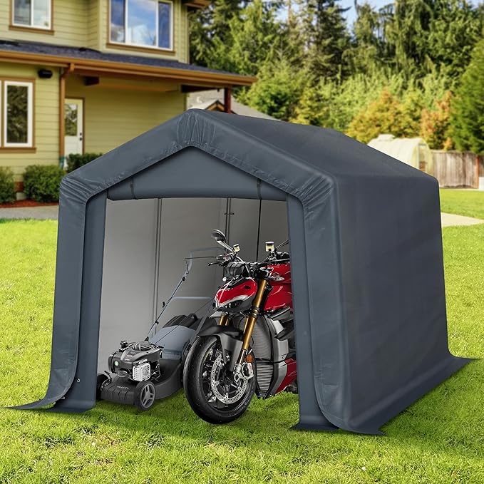 MFSTUDIO Outdoor Storage Sheds 8x12 ft, Portable Carport Shelter Garages Heavy Duty Canopy with Rolled up Zipper Doors,Outside Utility Shed Garage Tent for Motorcycle, Bicycles,Lawn mowers and Tools