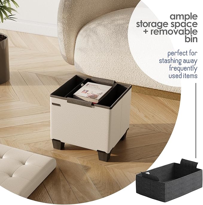 STORAGEBUD Storage Ottoman Cube with Small Bin, 16-in Square Ottoman with Storage for Living Room and Bedroom, Small Ottomans Foot Rest, Faux Leather Foot Stools Ottomans Max 330lbs, Beige
