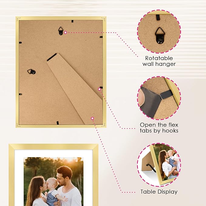 FIXSMITH 8x10 Picture Frame Set of 2, Gold Picture Frames Collage for Tabletop or Wall Display, Photo Frame with HD Plexiglass, Display Pictures 5x7 with Mat or 8x10 Without Mat