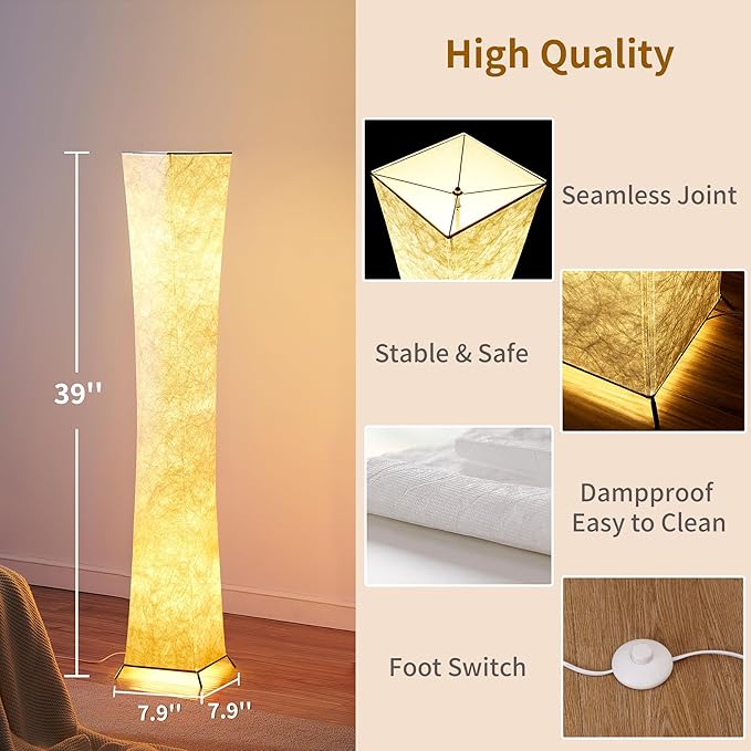 chiphy Floor Lamp, Dimmable 52" (S) Tall Standing Lamp, 3 Levels Adjustable Brightness 12Wx2 LED Bulbs, Column Floor Lamps, White Fabric Shade, Home Decor for Living Room, Bedroom, Kids Room