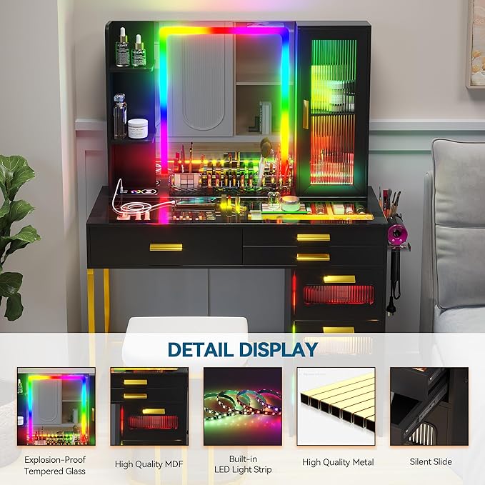 HENBC Vanity with Mirror and LED Lights, Glass Top Vanity Desk with Charging Station(Wireless+USB+Type-C), RGB Makeup Table Set with Stool/Makeup Organizer/6 Drawers (Black)