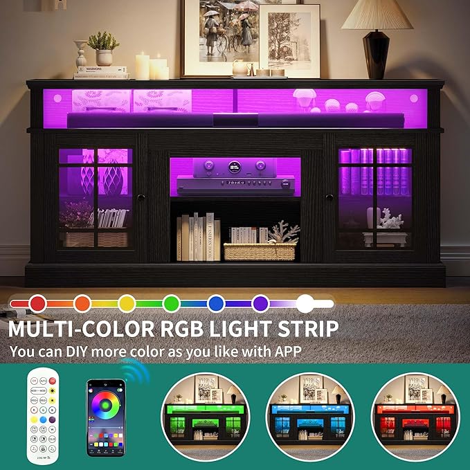 YITAHOME Black TV Stand for 75 Inch TV, LED Modern Entertainment Center with Adjustable Shelves and Glass Doors, 32'' Tall Television Stands TV Media Console Table for Living Room, Black